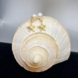 Gold Starfish with Real Freshwater Pearl Earrings